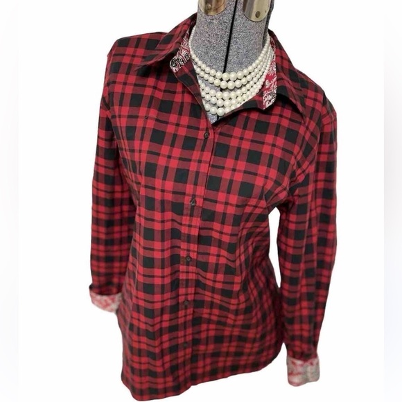 ⭐️Chaps,Ralph Lauren,Top Buffalo Plaid,No-Iron Blouse,Paisley Trim Shirt,Size XL - Picture 1 of 15